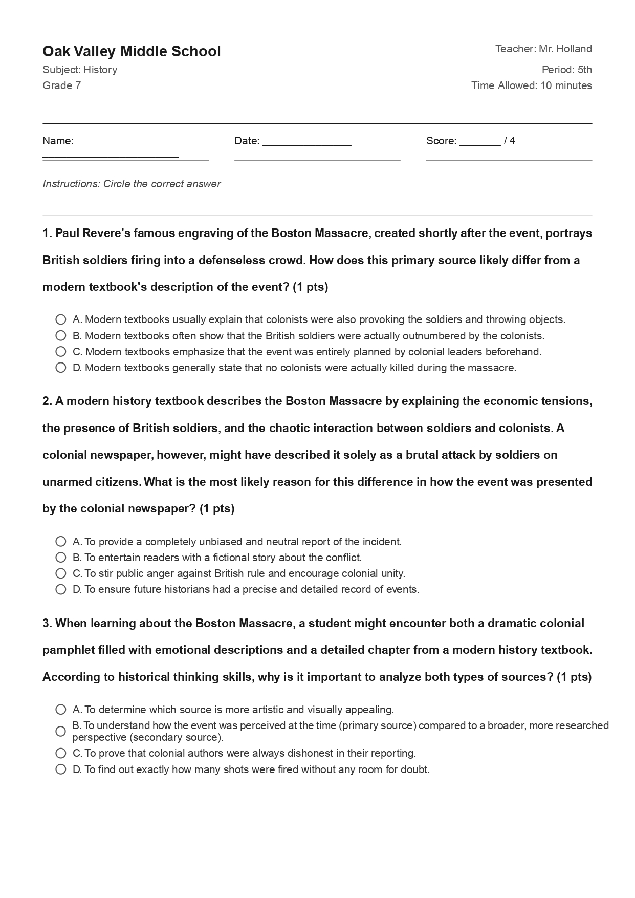 Grade 7 History Test Preview